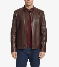 Cole Haan Leather & Suede Jackets|Outerwear*Men's Classic Zip-Front Moto Jacket Brown