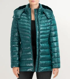 Cole Haan Puffer Jackets|Quilted Jackets*Women's Quilted Pearl Faux Down Jacket with Removable Hood Emerald