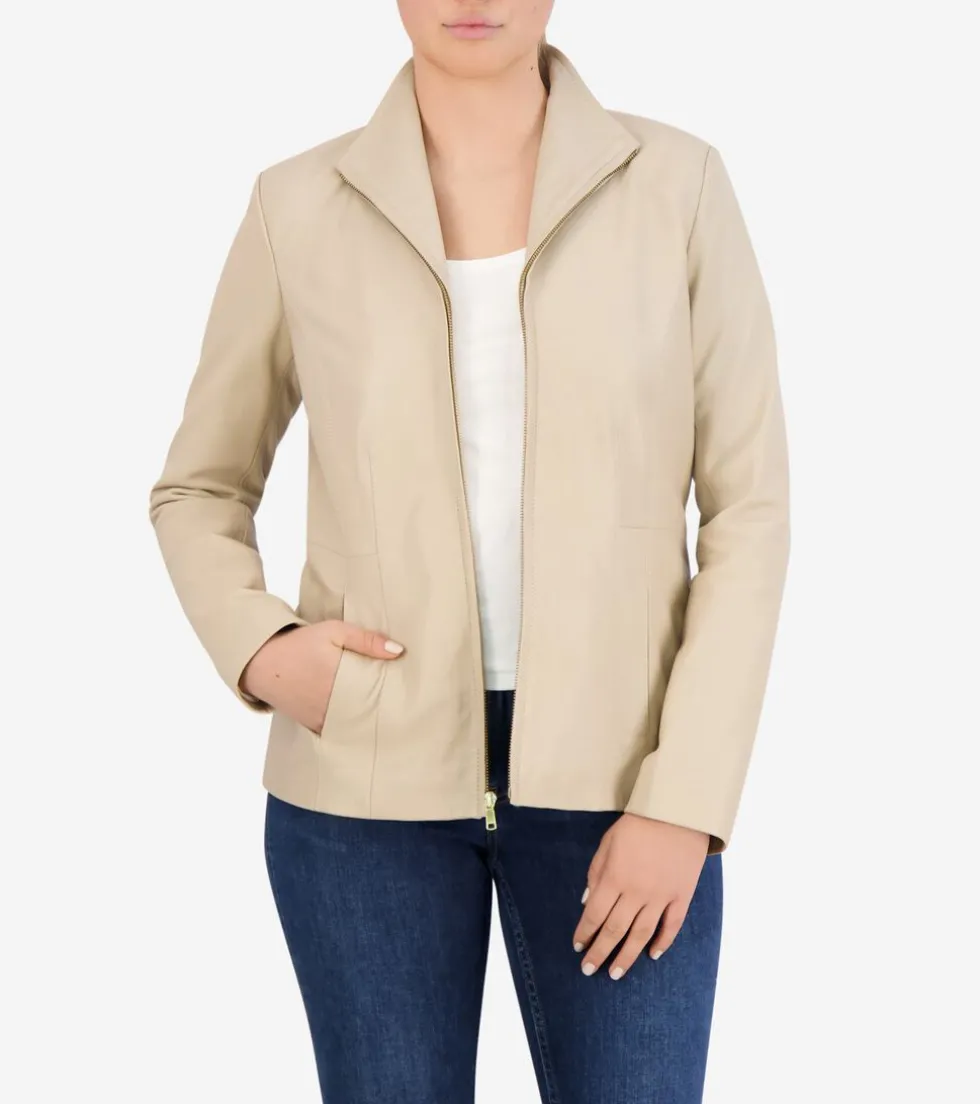 Cole Haan Leather & Suede Jackets|Outerwear*Women's Wing Collar Leather Jacket Cream